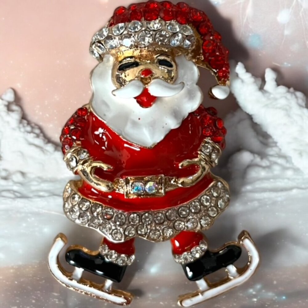 Charming Santa & Skate Shoes Brooch Pin with Sparkling Faux Crystals RED